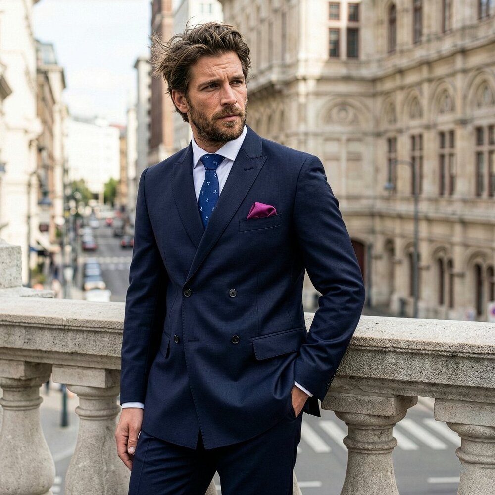 New 2026 Mens 2pc Navy Double Breasted Suit Set, Slim Fit